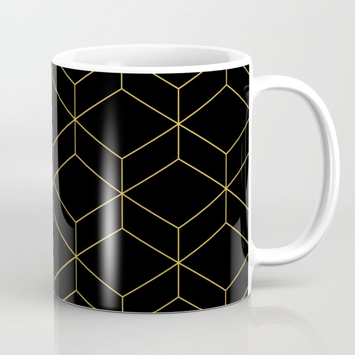 Geometric Honeycomb Lattice Pattern in Light Mustard and Black Coffee Mug Gallery Image 1