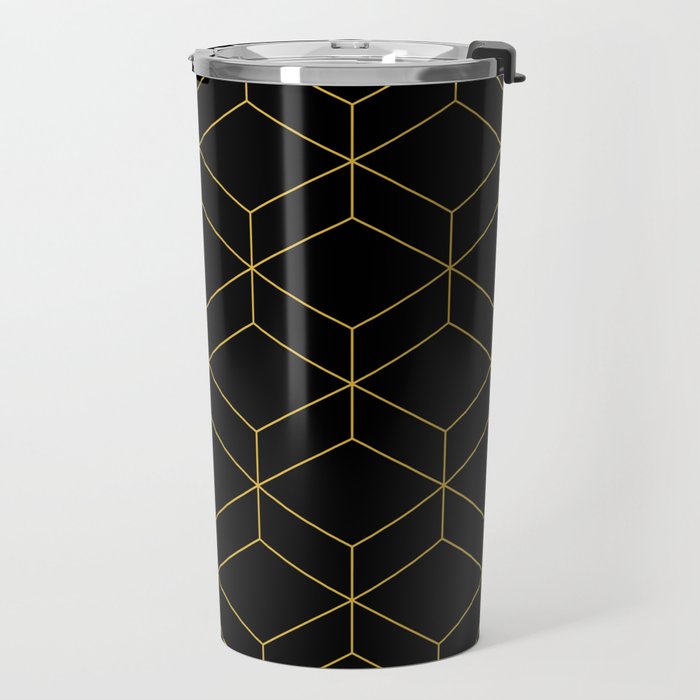 Geometric Honeycomb Lattice Pattern in Light Mustard and Black Travel Mug Gallery Image 2