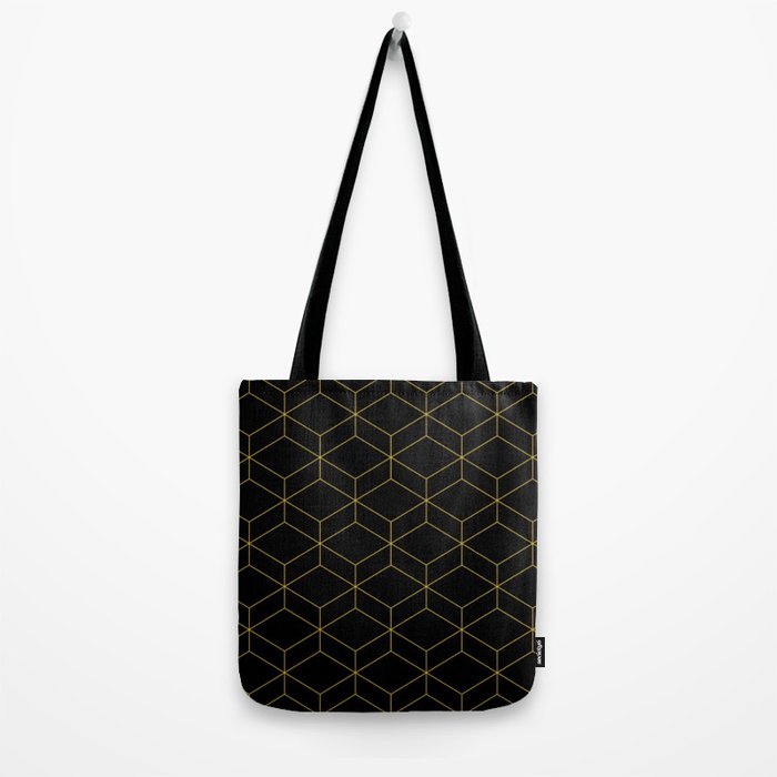Geometric Honeycomb Lattice Pattern in Light Mustard and Black Tote Bag Gallery Image 2