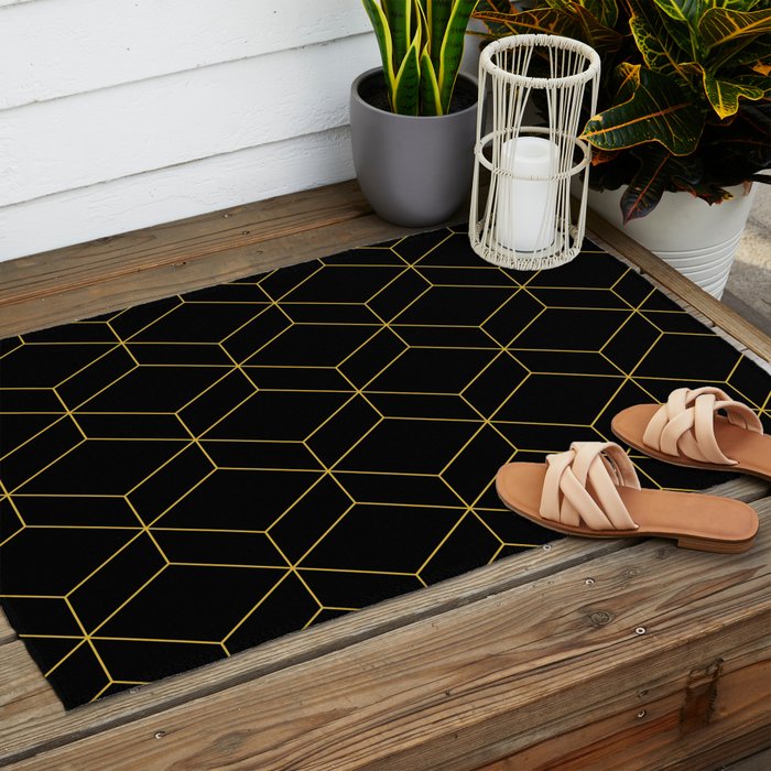 Geometric Honeycomb Lattice Pattern in Light Mustard and Black Outdoor Rug Gallery Image 2
