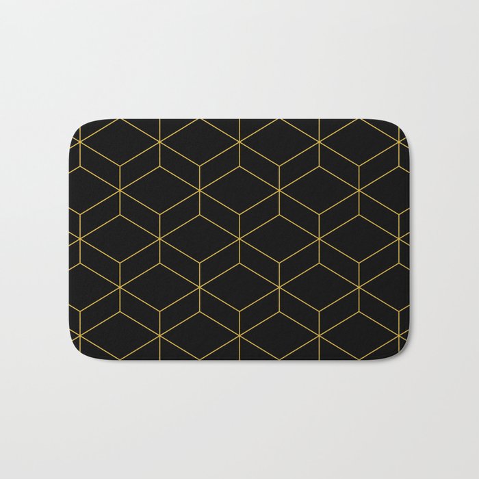 Geometric Honeycomb Lattice Pattern in Light Mustard and Black Bath Mat Gallery Image 1