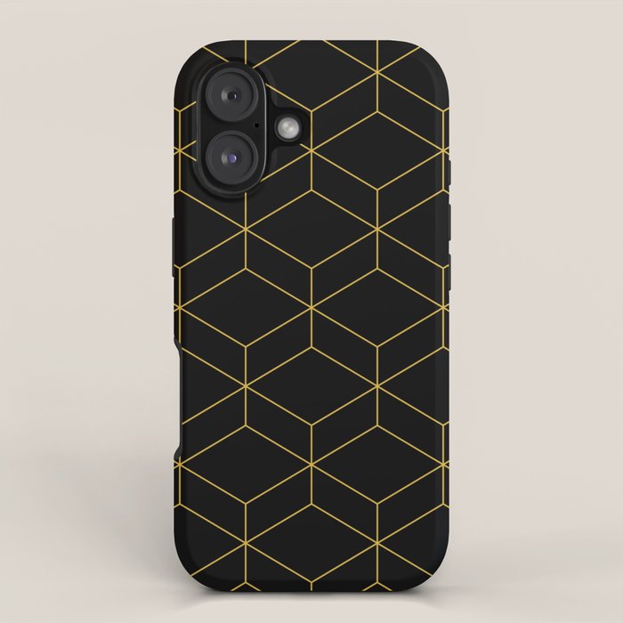 Geometric Honeycomb Lattice Pattern in Light Mustard and Black iPhone Case Gallery Image 1