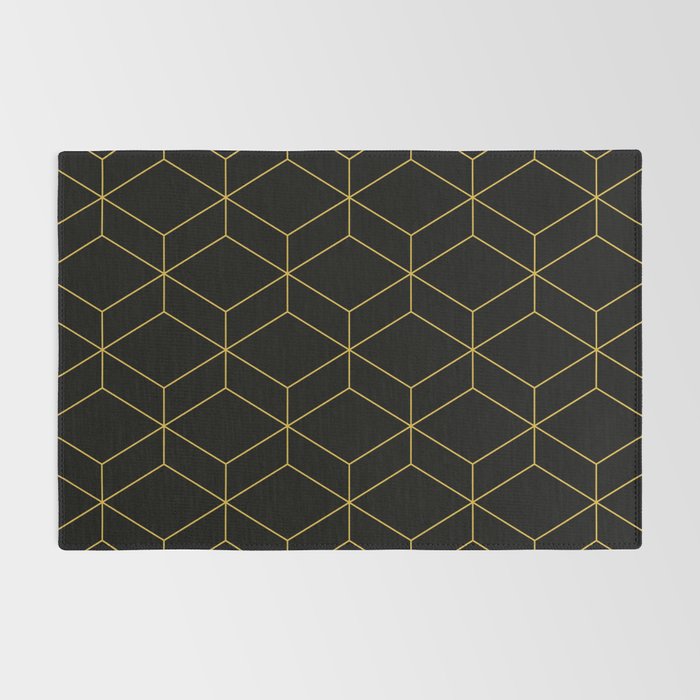 Geometric Honeycomb Lattice Pattern in Light Mustard and Black Rug Gallery Image 2