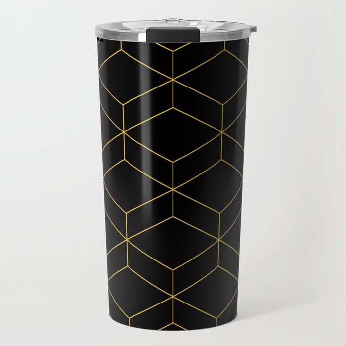 Geometric Honeycomb Lattice Pattern in Light Mustard and Black Travel Mug Gallery Image 1