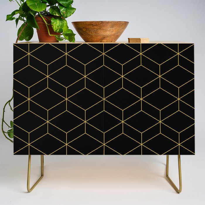 Geometric Honeycomb Lattice Pattern in Light Mustard and Black Credenza Gallery Image 1
