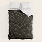 Geometric Honeycomb Lattice Pattern in Light Mustard and Black Duvet Cover Gallery Image 6