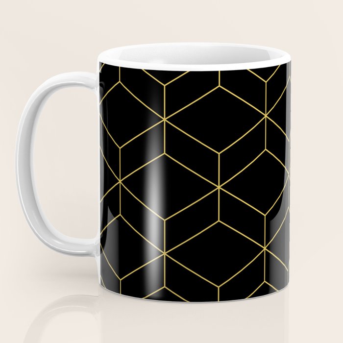 Geometric Honeycomb Lattice Pattern in Light Mustard and Black Coffee Mug Gallery Image 3