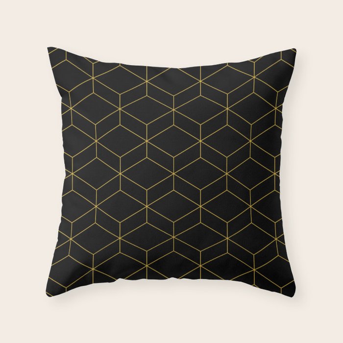 Geometric Honeycomb Lattice Pattern in Light Mustard and Black Throw Pillow Gallery Image 6