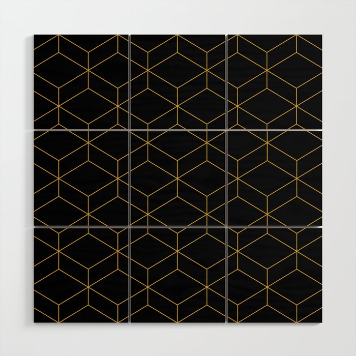 Geometric Honeycomb Lattice Pattern in Light Mustard and Black Wood Wall Art Gallery Image 1