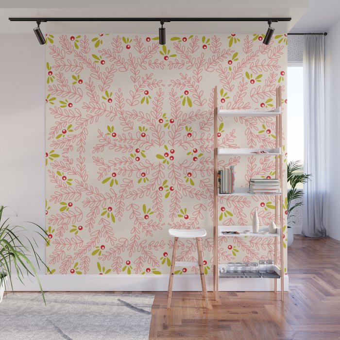 Wonderful holiday joy twigs and berrie soft pink Wall Mural Gallery Image 1
