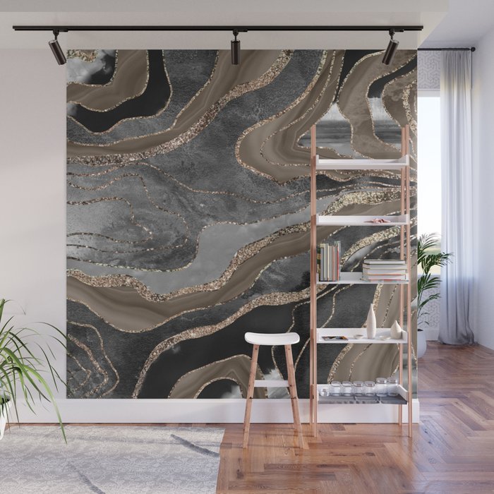 Black Brown Marble Agate Gold Glitter Glam #1 (Faux Glitter) #decor #art #society6 Wall Mural Gallery Image 1