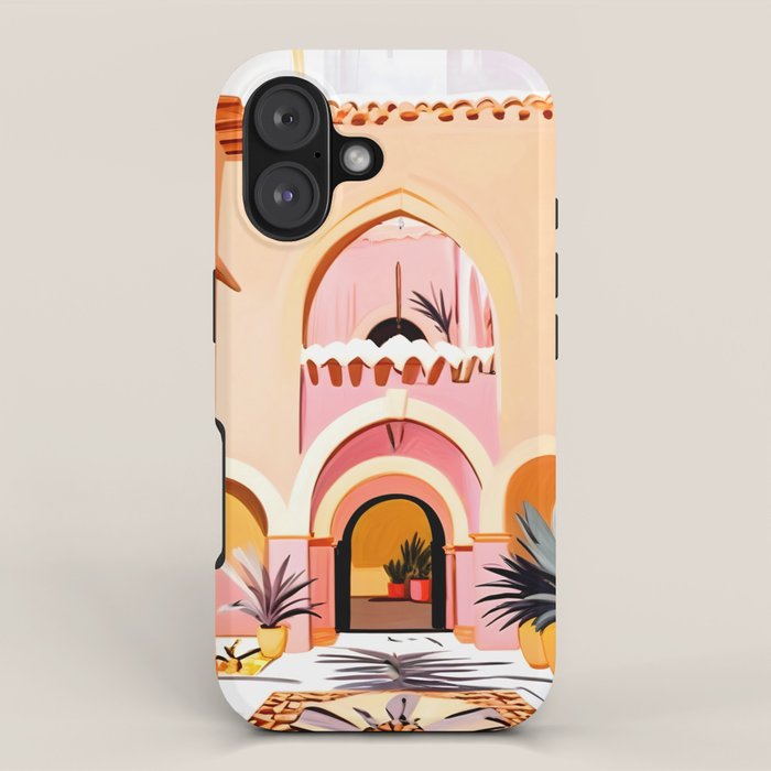 The Courtyard, Architecture Pastel Buildings, Turkish Tropical Nature City, Bohemian Eclectic Painting Illustration iPhone Case Gallery Image 1
