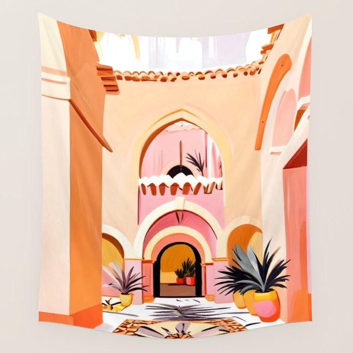 The Courtyard, Architecture Pastel Buildings, Turkish Tropical Nature City, Bohemian Eclectic Painting Illustration Wall Tapestry Gallery Image 4