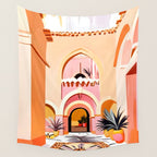 The Courtyard, Architecture Pastel Buildings, Turkish Tropical Nature City, Bohemian Eclectic Painting Illustration Wall Tapestry Gallery Image 4
