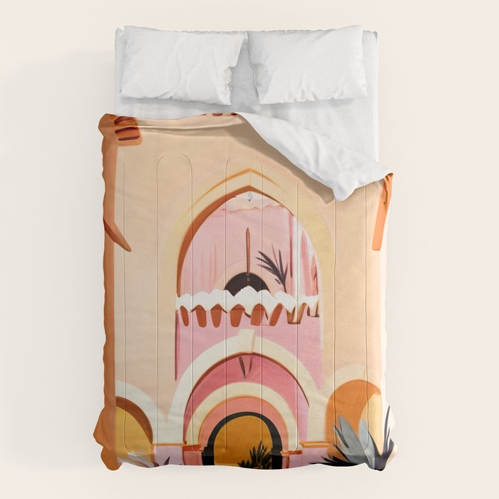 The Courtyard, Architecture Pastel Buildings, Turkish Tropical Nature City, Bohemian Eclectic Painting Illustration Comforter Gallery Image 6