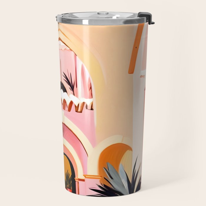 The Courtyard, Architecture Pastel Buildings, Turkish Tropical Nature City, Bohemian Eclectic Painting Illustration Travel Mug Gallery Image 2