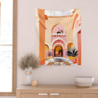 The Courtyard, Architecture Pastel Buildings, Turkish Tropical Nature City, Bohemian Eclectic Painting Illustration Wall Tapestry Gallery Image 2
