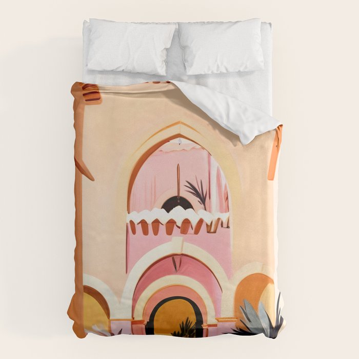 The Courtyard, Architecture Pastel Buildings, Turkish Tropical Nature City, Bohemian Eclectic Painting Illustration Duvet Cover Gallery Image 1