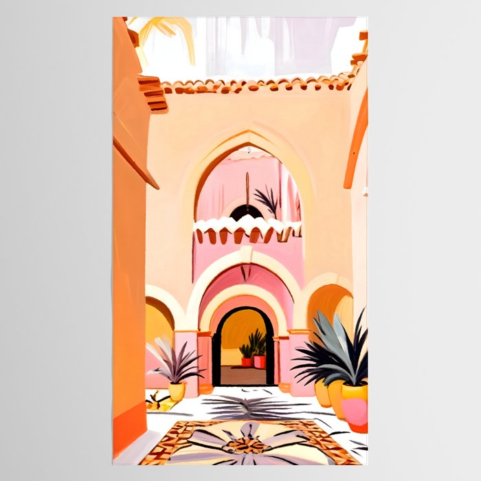 The Courtyard, Architecture Pastel Buildings, Turkish Tropical Nature City, Bohemian Eclectic Painting Illustration Tablecloth Gallery Image 2