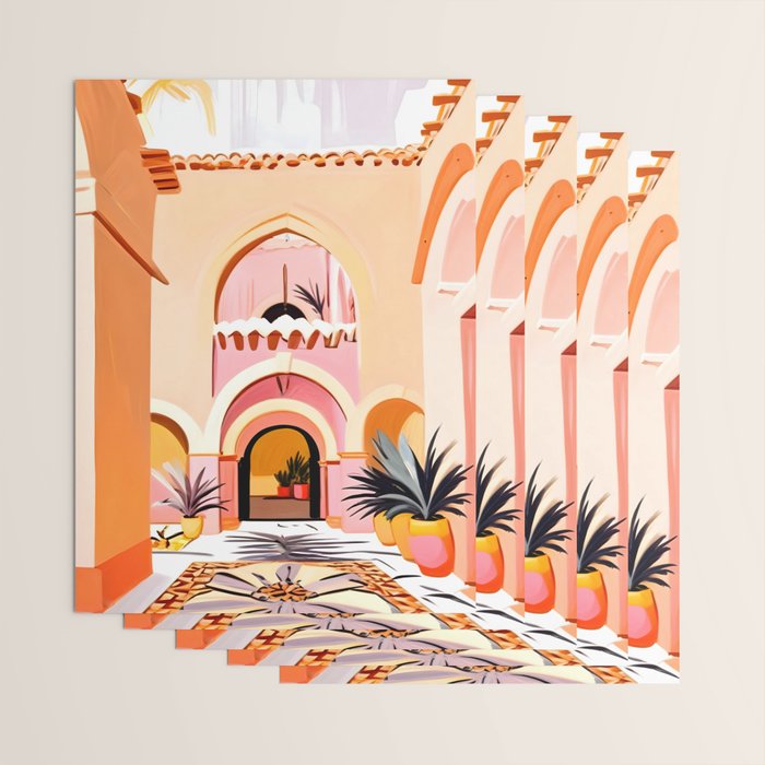 The Courtyard, Architecture Pastel Buildings, Turkish Tropical Nature City, Bohemian Eclectic Painting Illustration Wrapping Paper Gallery Image 3