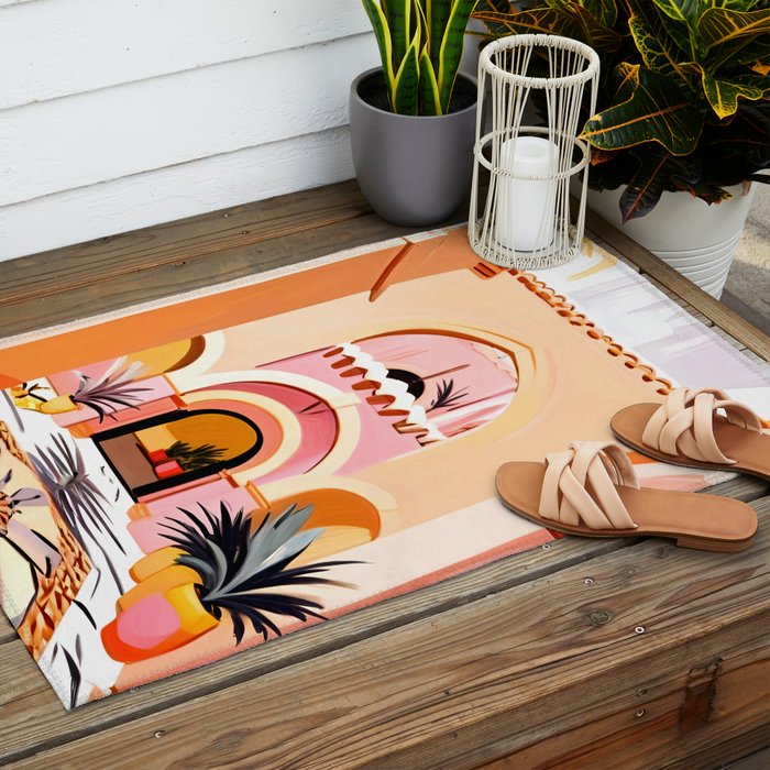 The Courtyard, Architecture Pastel Buildings, Turkish Tropical Nature City, Bohemian Eclectic Painting Illustration Outdoor Rug Gallery Image 2