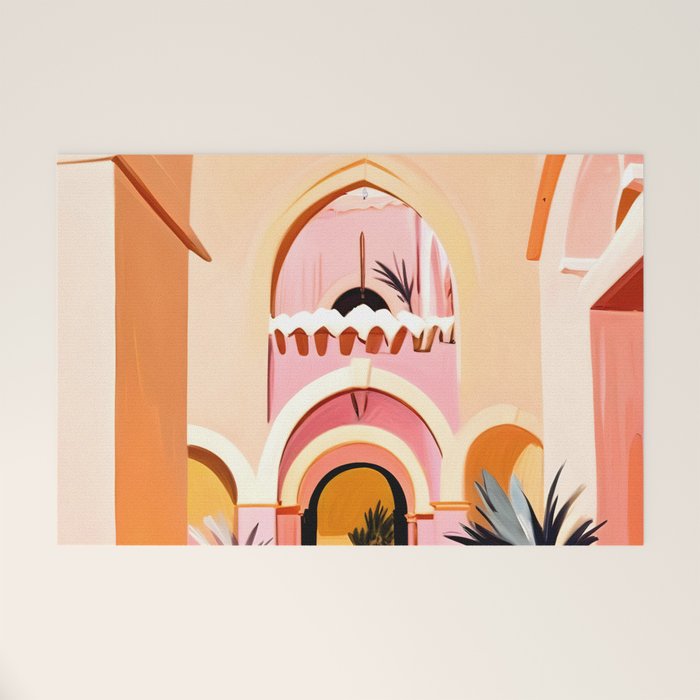 The Courtyard, Architecture Pastel Buildings, Turkish Tropical Nature City, Bohemian Eclectic Painting Illustration Welcome Mat Gallery Image 1