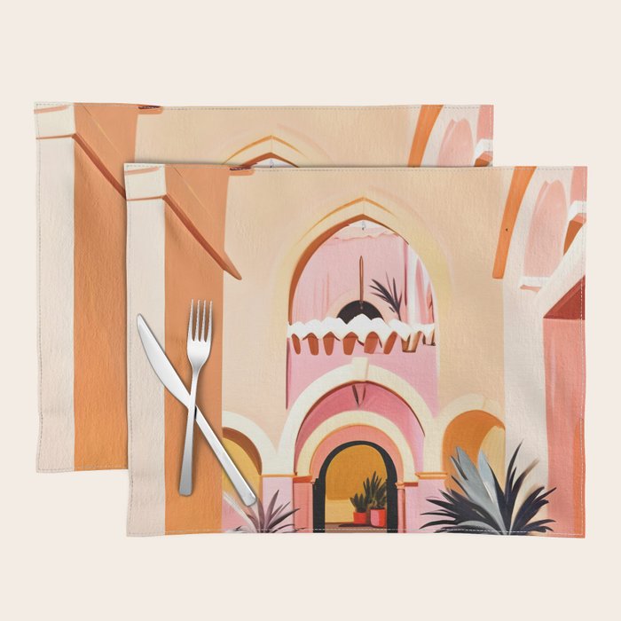 The Courtyard, Architecture Pastel Buildings, Turkish Tropical Nature City, Bohemian Eclectic Painting Illustration Placemat Gallery Image 1