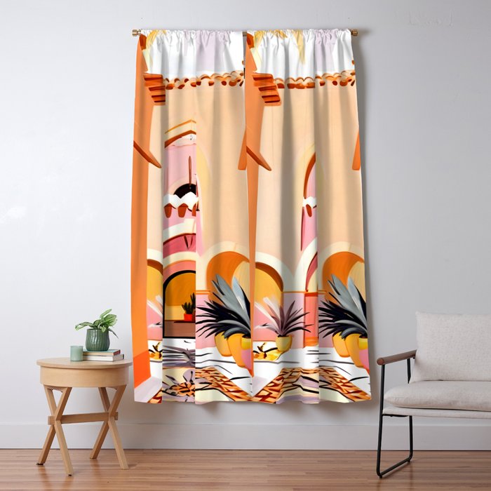 The Courtyard, Architecture Pastel Buildings, Turkish Tropical Nature City, Bohemian Eclectic Painting Illustration Window Curtain Gallery Image 1