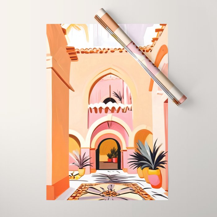 The Courtyard, Architecture Pastel Buildings, Turkish Tropical Nature City, Bohemian Eclectic Painting Illustration Wrapping Paper Gallery Image 1