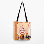 The Courtyard, Architecture Pastel Buildings, Turkish Tropical Nature City, Bohemian Eclectic Painting Illustration Tote Bag Gallery Image 2