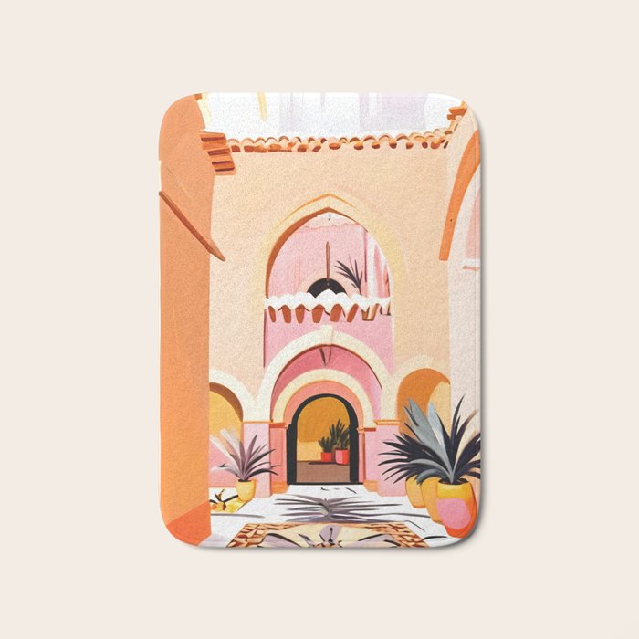 The Courtyard, Architecture Pastel Buildings, Turkish Tropical Nature City, Bohemian Eclectic Painting Illustration Bath Mat Gallery Image 1