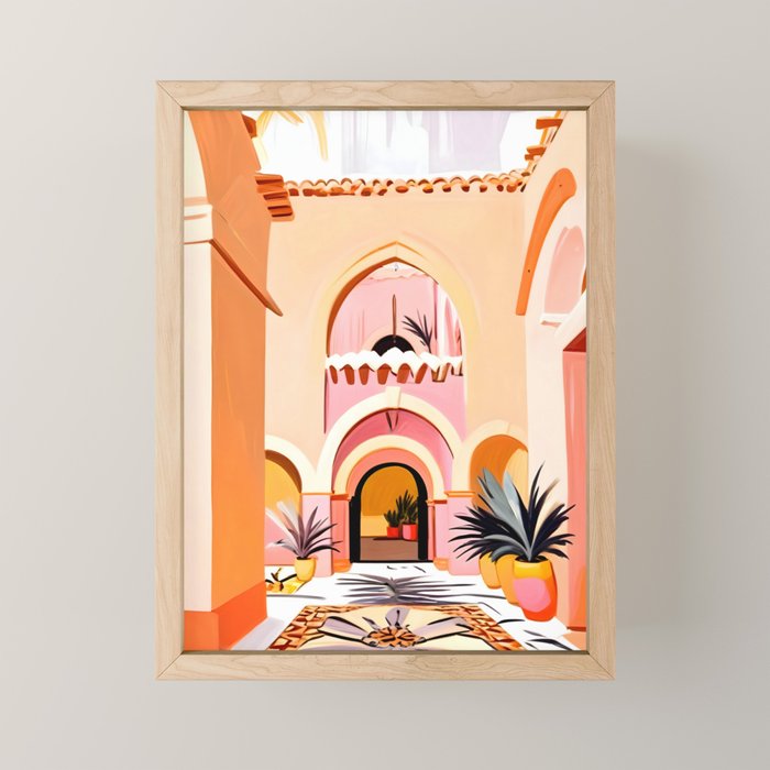 The Courtyard, Architecture Pastel Buildings, Turkish Tropical Nature City, Bohemian Eclectic Painting Illustration Mini Art Print Gallery Image 1