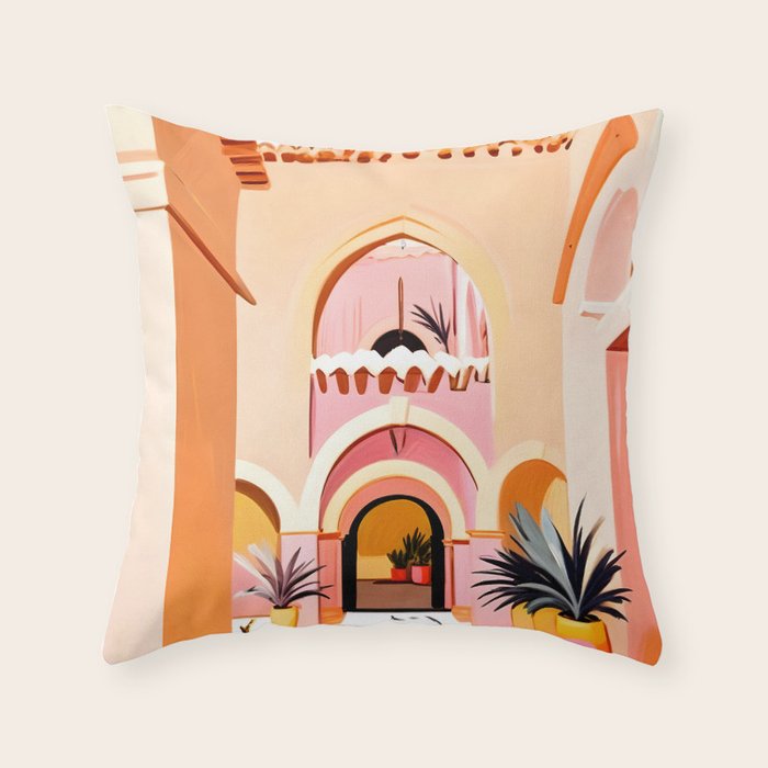 The Courtyard, Architecture Pastel Buildings, Turkish Tropical Nature City, Bohemian Eclectic Painting Illustration Throw Pillow Gallery Image 1