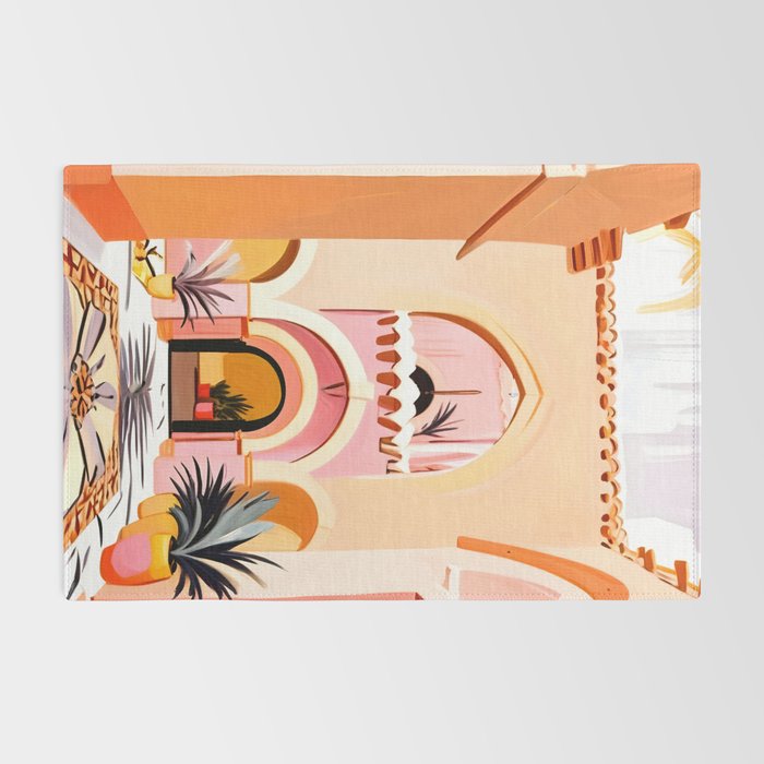 The Courtyard, Architecture Pastel Buildings, Turkish Tropical Nature City, Bohemian Eclectic Painting Illustration Rug Gallery Image 2