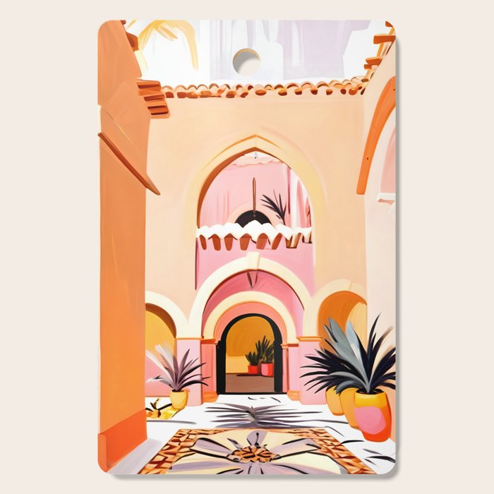 The Courtyard, Architecture Pastel Buildings, Turkish Tropical Nature City, Bohemian Eclectic Painting Illustration Cutting Board Gallery Image 1