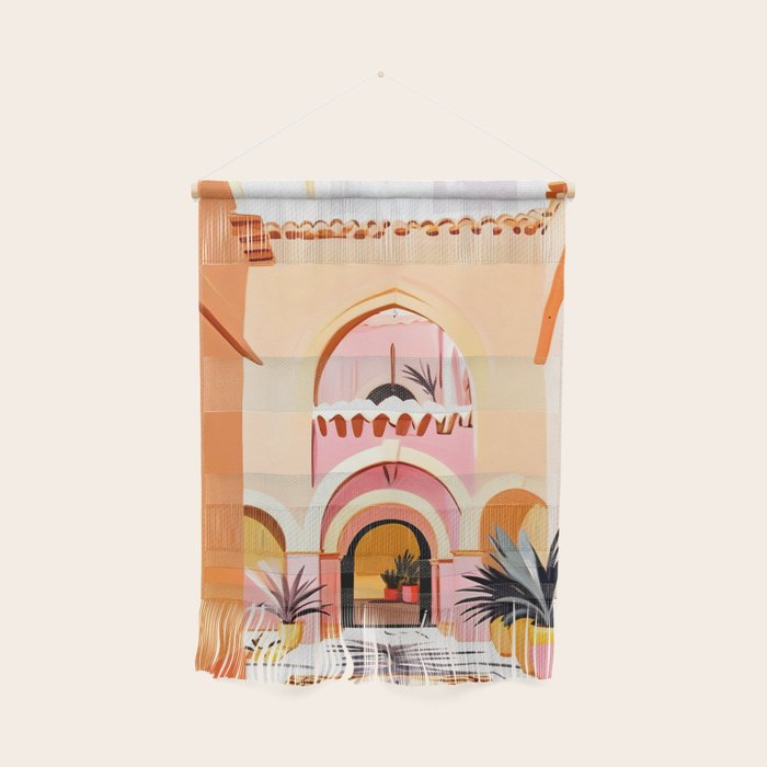 The Courtyard, Architecture Pastel Buildings, Turkish Tropical Nature City, Bohemian Eclectic Painting Illustration Wall Hanging Gallery Image 1