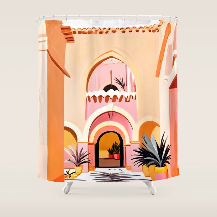 The Courtyard, Architecture Pastel Buildings, Turkish Tropical Nature City, Bohemian Eclectic Painting Illustration Shower Curtain Gallery Image 1