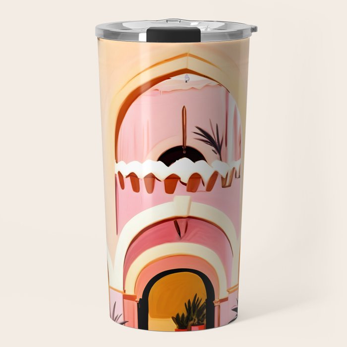 The Courtyard, Architecture Pastel Buildings, Turkish Tropical Nature City, Bohemian Eclectic Painting Illustration Travel Mug Gallery Image 1