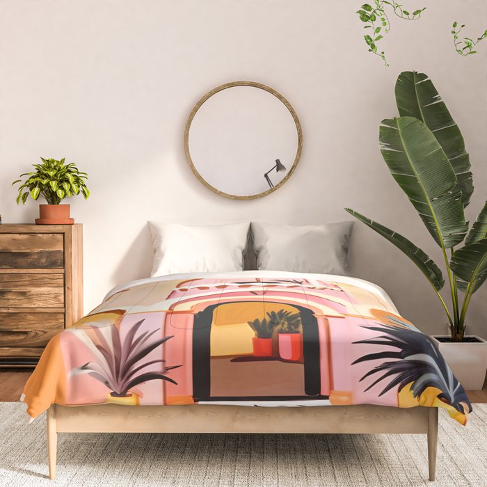 The Courtyard, Architecture Pastel Buildings, Turkish Tropical Nature City, Bohemian Eclectic Painting Illustration Comforter Gallery Image 3