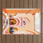 The Courtyard, Architecture Pastel Buildings, Turkish Tropical Nature City, Bohemian Eclectic Painting Illustration Outdoor Rug Gallery Image 1