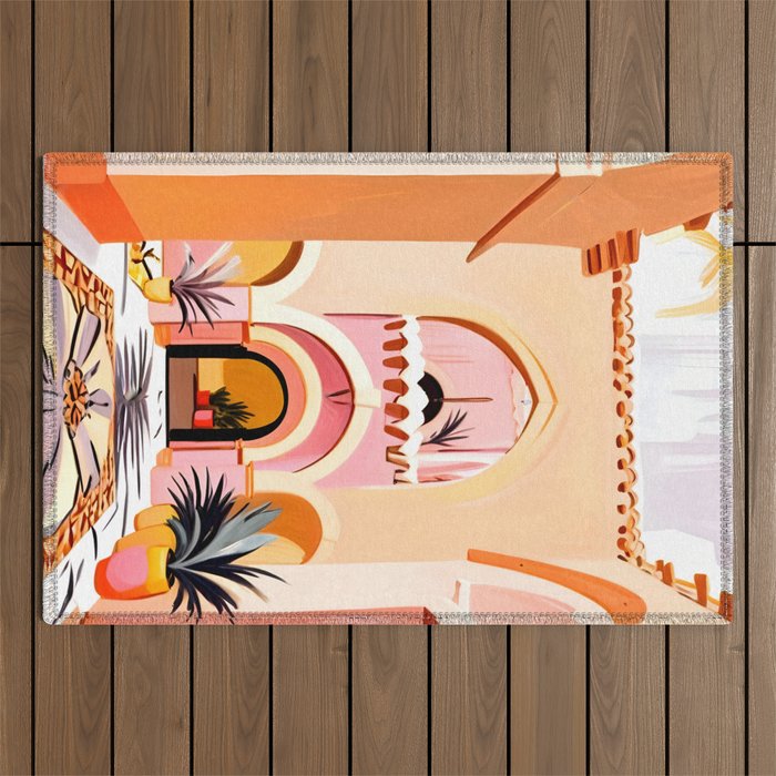 The Courtyard, Architecture Pastel Buildings, Turkish Tropical Nature City, Bohemian Eclectic Painting Illustration Outdoor Rug Gallery Image 1
