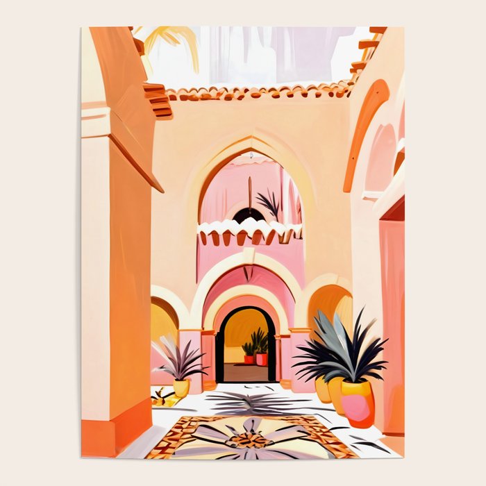 The Courtyard, Architecture Pastel Buildings, Turkish Tropical Nature City, Bohemian Eclectic Painting Illustration Poster Gallery Image 4