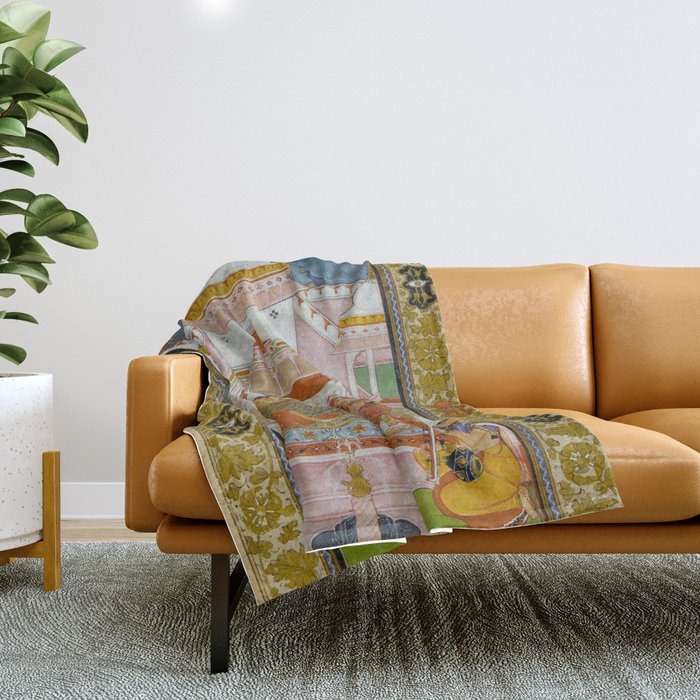 The Vilaval Ragini Antique Indian Miniature Painted Illustration Throw Blanket Gallery Image 1