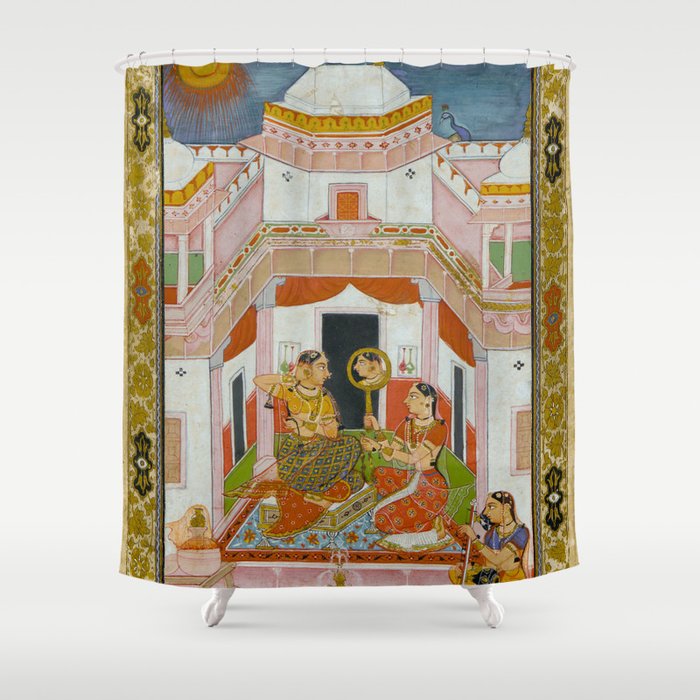 The Vilaval Ragini Antique Indian Miniature Painted Illustration Shower Curtain Gallery Image 1