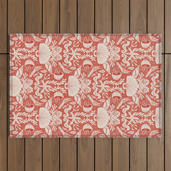 Neptune's joy warm red damask reworked Outdoor Rug Gallery Image 1