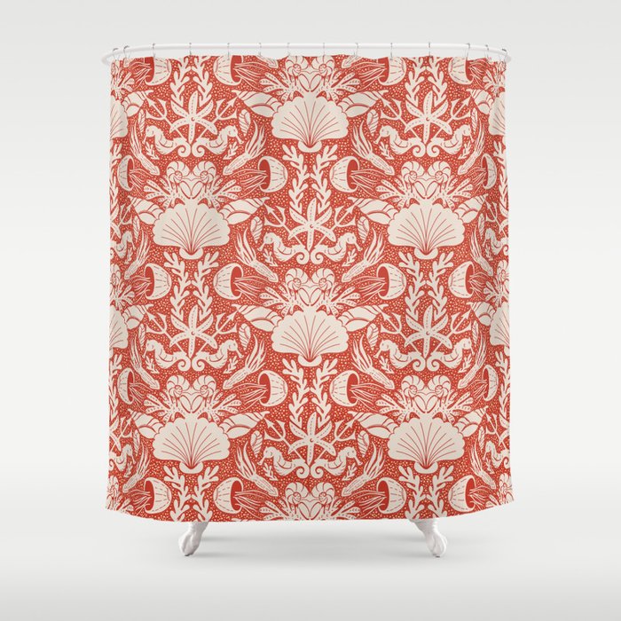 Neptune's joy warm red damask reworked Shower Curtain Gallery Image 1