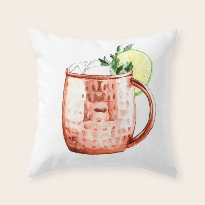 Cocktails. Moscow Mule. Watercolor Painting. Throw Pillow Gallery Image 6