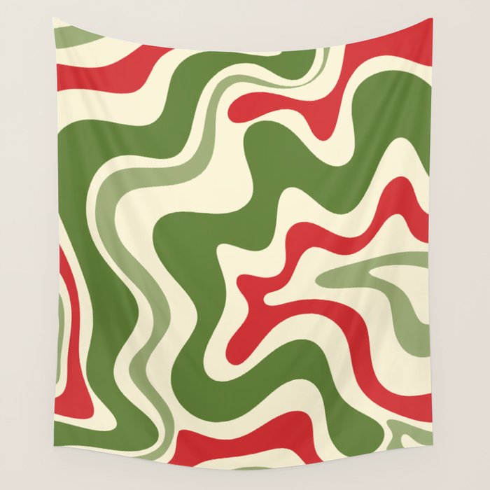 Retro Christmas Swirl Abstract Pattern in Olive Green, Sage, Xmas Red, and Cream Wall Tapestry Gallery Image 1