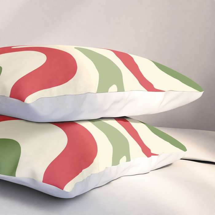 Retro Christmas Swirl Abstract Pattern in Olive Green, Sage, Xmas Red, and Cream Pillow Sham Gallery Image 3