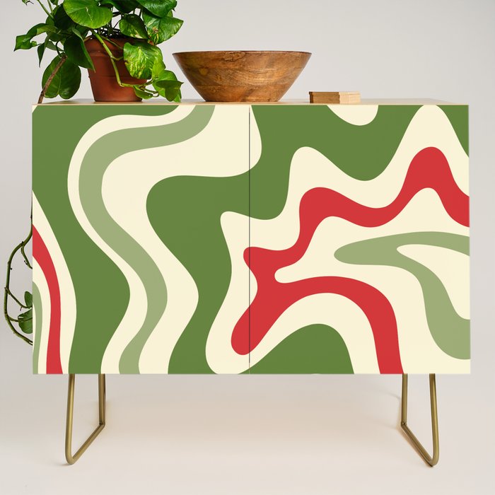 Retro Christmas Swirl Abstract Pattern in Olive Green, Sage, Xmas Red, and Cream Credenza Gallery Image 1